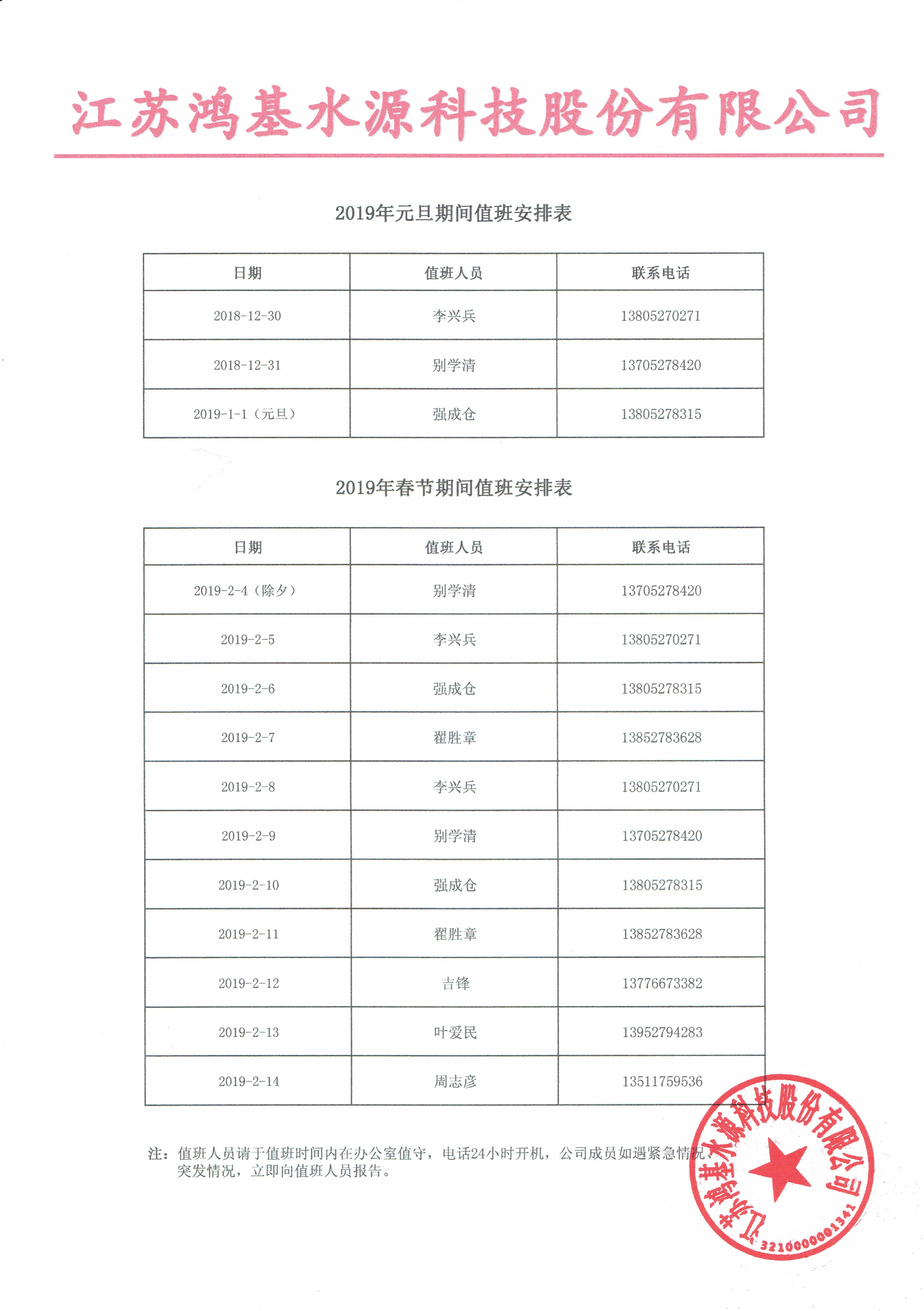 2019年元旦、春节期间值班表